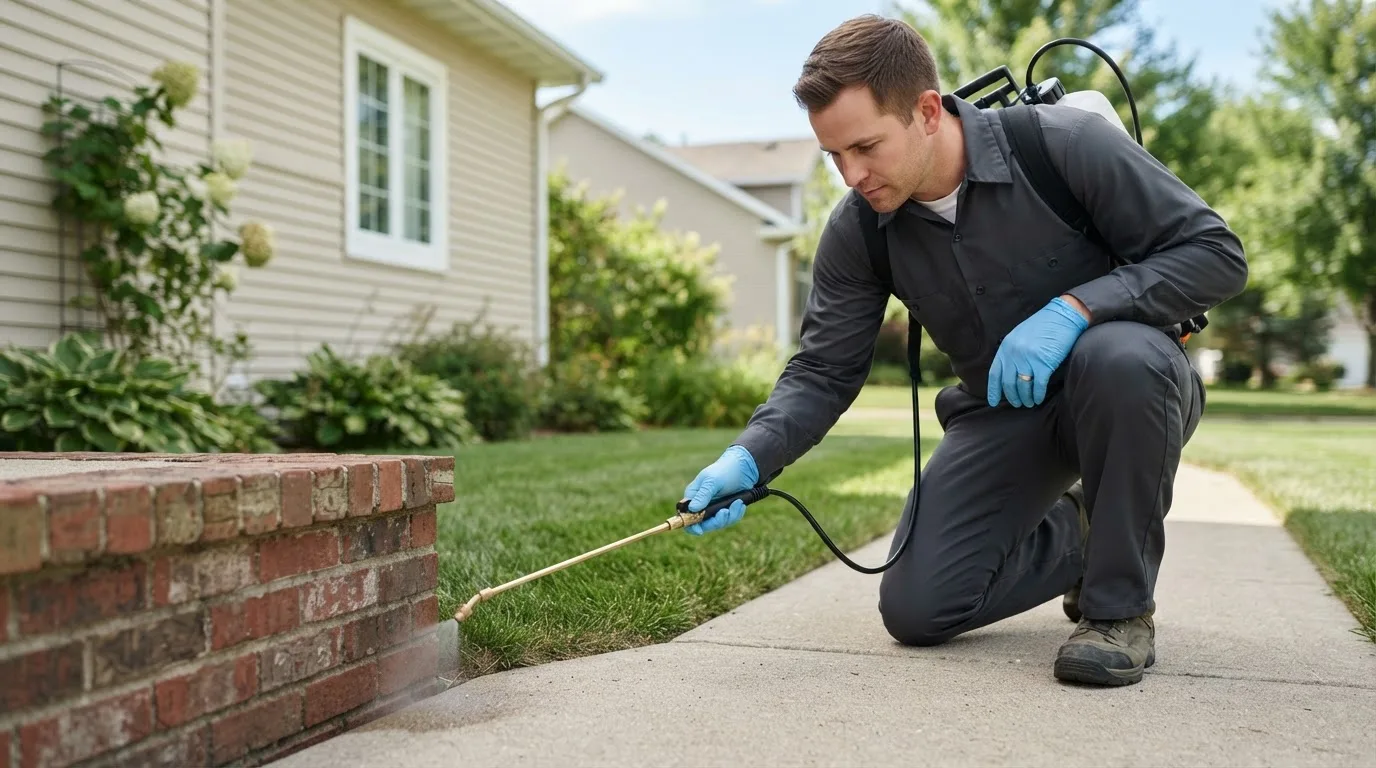 Pest control technician treating a home near Almont, MI