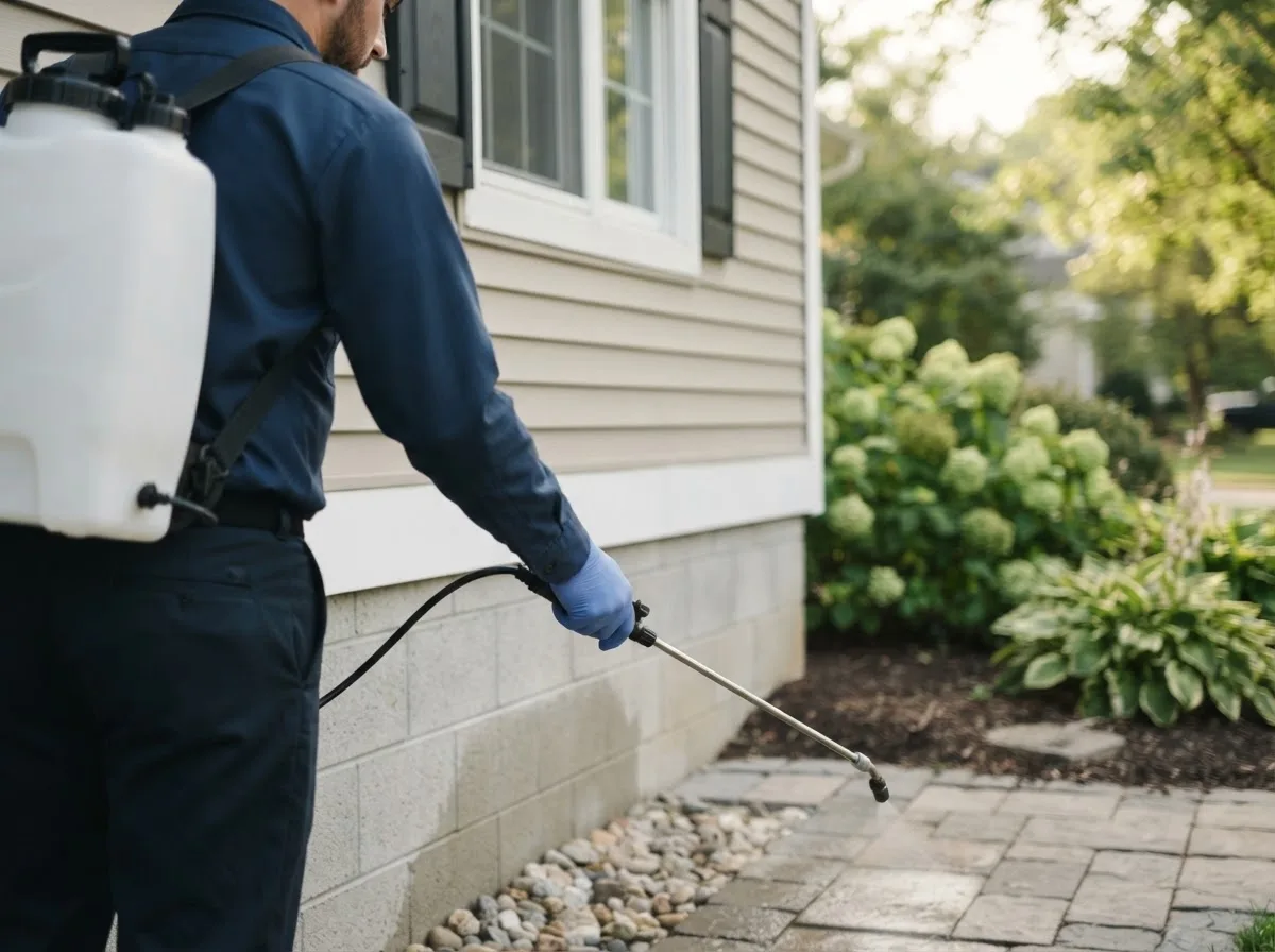 Pest control technician inspecting a home in Almont, MI